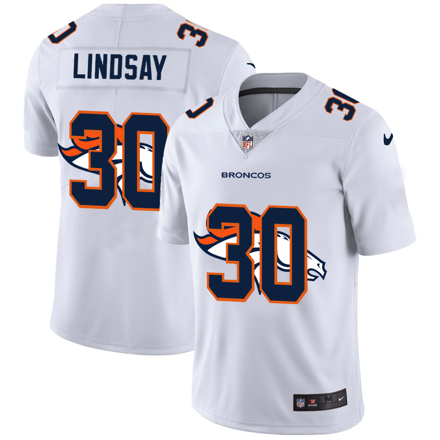 Men's Denver Broncos #30 Phillip Lindsay White Shadow Logo Limited Stitched Jersey